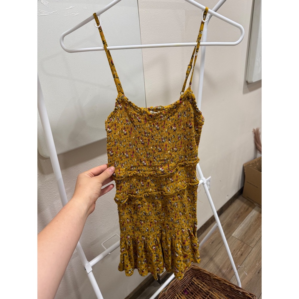 Girly Soft Girl Summer Mustard Yellow Ditsy Floral Smocked Ruffle Mini Dress